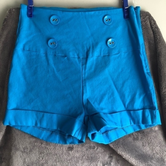 Mandee High waisted shorts teal blue in color fake‎ buttons side zipper stretchy - Picture 1 of 5
